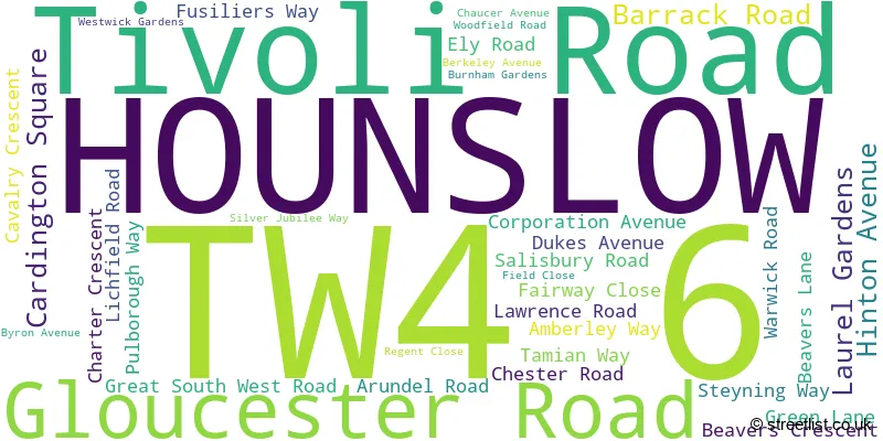 A word cloud for the TW4 6 postcode